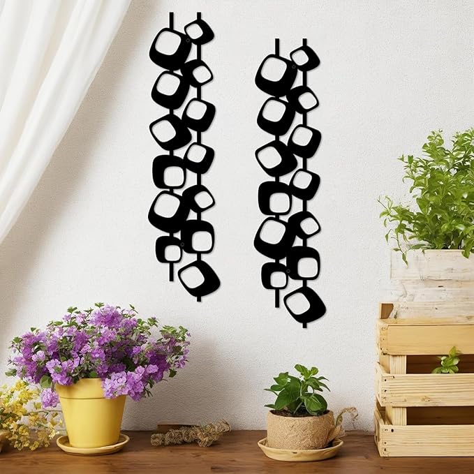 ruelen Mid Century Abstract Metal Wall Art Sculpture - Textured Geometric Decor, Set of 2, 2D Black Vertical and Elegant Design for Living Room, Bedroom, Office, Home (15.7x3.9in)