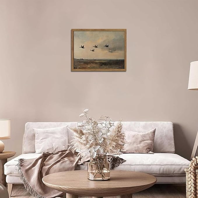 Framed Flying Ducks Canvas Wall Art, Rustic Countryside Landscape Painting, Vintage Birds Poster Print, Modern Farmhouse Ducks Wall Decor for Living Room Bedroom – 8x10 inch