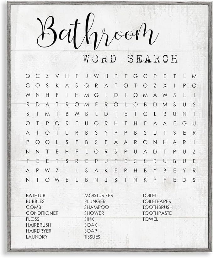 Stupell Industries Bathroom Word Search Fun Family Word Design Framed Giclee Art Design By Artist Daphne Polselli, 16 x 20, Gray Framed