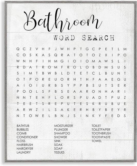 Stupell Industries Bathroom Word Search Fun Family Word Design Framed Giclee Art Design By Artist Daphne Polselli, 16 x 20, Gray Framed