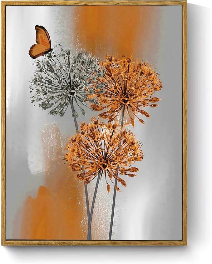 LB Orange Dandelion Framed Wall Art with Butterfly - Modern Orange Grey Canvas Wall Art for Home Contemporary Aesthetic Wall Decor for Home, Ready to Hang 17x12 Inch, Living Room Bedroom Bathroom Decor