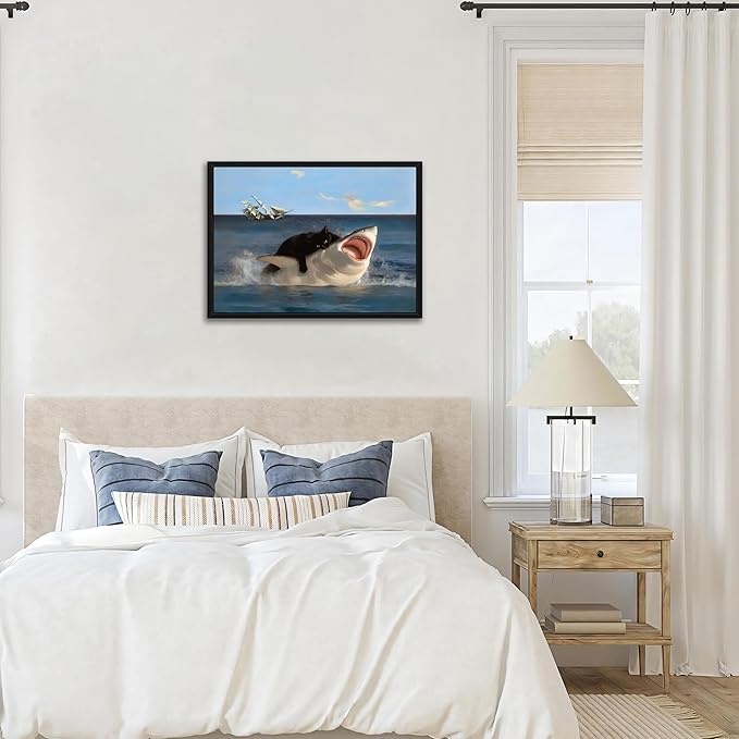 Floating Framed Black Cat Wall Art, Funny Quirky Cat and Shark Pictures Canvas Print, Abstract Black Cat Shark Posters Wall Decor for Room Bedroom Living Room Bathroom Aesthetic 12x16 inch