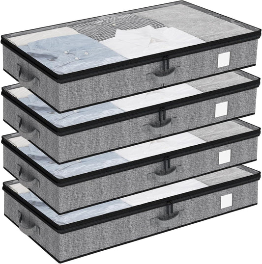 Fixwal 4 Pack Underbed Storage Containers, Below 4.5 Inches Low Profile Under Bed Organizer Clothes Storage Bins with Sturdy Sidewalls and Bottom