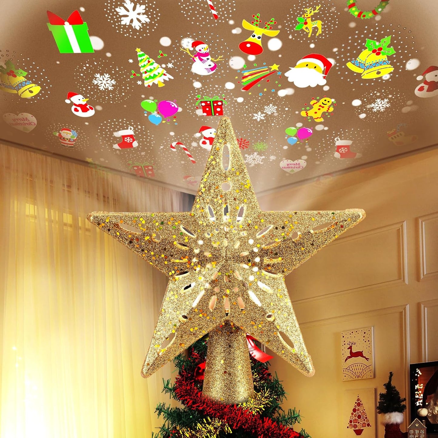 Brightown Christmas Tree Topper Lighted with 6 Projection Modes,9.8”Christmas Star Tree Topper with Built-in LED Rotating Lights,Tree Top with Golden Spangles Plated Plug in for Christmas Decorations