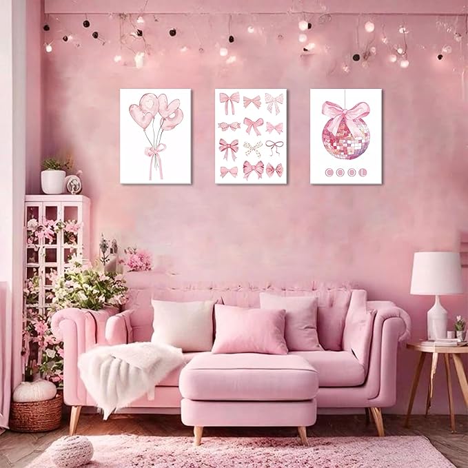 Preppy Pink Bow Canvas Wall Art, Trendy Bows Coquette Room Wall Decor Paintings, Pink Girly Disco Aesthetic Posters Prints Pictures for Girls Dorm Bedroom 12x16 Inch Framed