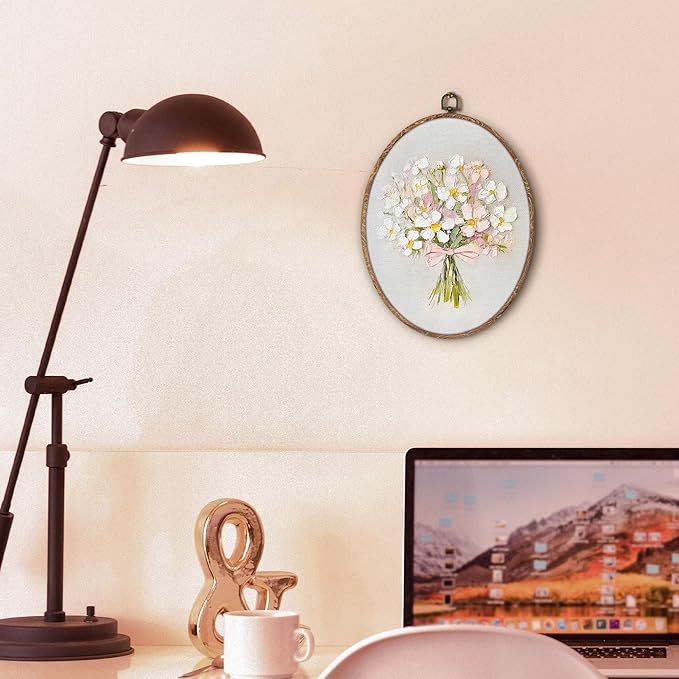 Coquette Pink Bow Floral Bouquet Oval Wall Art Framed, White Floral Oval Wall Decor, Vintage Flower Hanging Canvas Prints Wall Sculptures for Home Bedroom Living Room Decor, 8.5x11.5 Inch