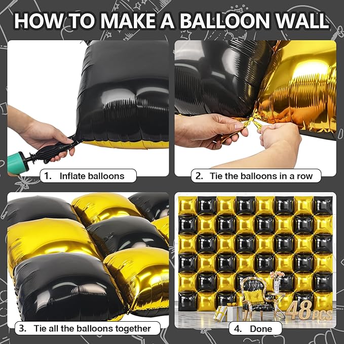 NISOCY 48PCS Black Gold Square Foil Balloons Wall Backdrop Double Sided Metallic Black Gold Balloon Arch Kit for New Years Graduation Anniversary Birthday Engagement Baby Shower Party Decorations