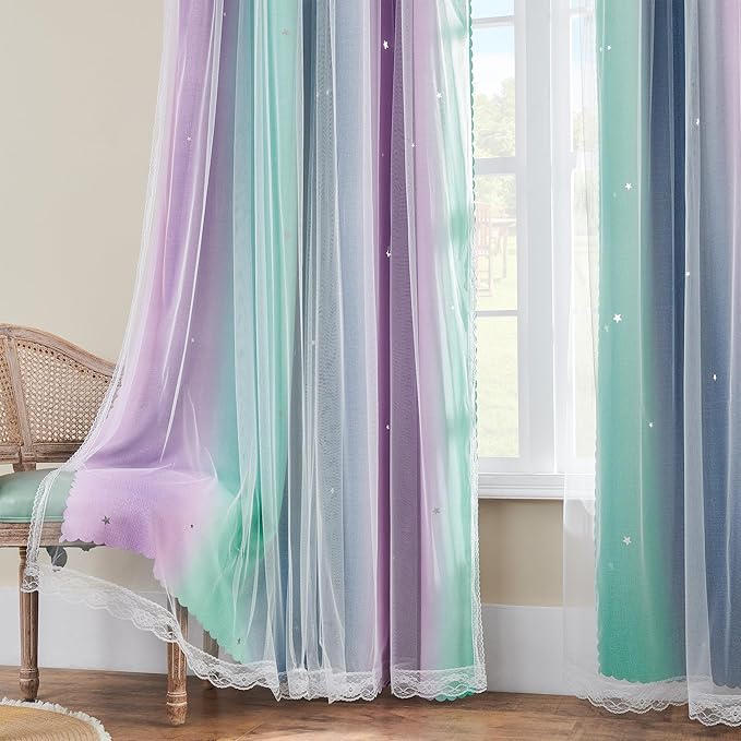 XiDi Curtains for Bedroom Decor, Rainbow Purplgreen grey52/54
