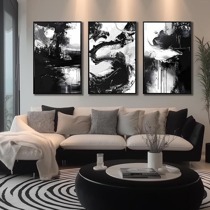 Abstract Wall Art for Living Room, Framed Canvas Wall-Decor for Bedroom, Black and White Picture Prints, Size 24 x 36 Inches 3-Pieces