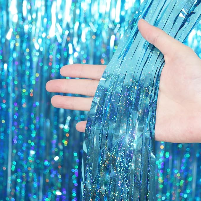 3.3 x 6.6 ft Foil Fringe Backdrop Curtains, Tinsel Streamers Party Decorations, Fringe Backdrop for Birthday, Baby Shower, Gender Reveal, Graduation (6, Light Blue)
