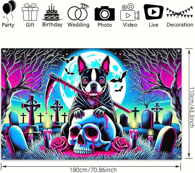Halloween Banner Dog Skull Backdrop Trick or Treat Decor Scary Halloween Decoration Creepy Graveyard Wall Hanging for Outdoor Indoor Party