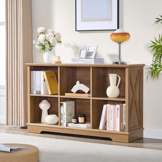 Farmhouse 6 Cube Bookshelf, Storage Organizer Bookcase, Kids Toy Storage Cabinet, Long Bookshelves Storage Organizer Shelf, Wood Display Cabinet Book Shelves for Bedroom,Living Room,Natural Oak