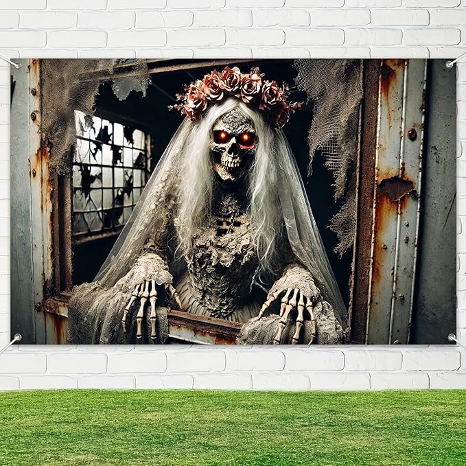 Halloween Skeleton Bride Backdrop 71x43 Inch Gothic Scary Wedding Banner Creepy Zombie Bride Wall Decor for Haunted House Horror Party Trick or Treat Indoor Outdoor Decoration