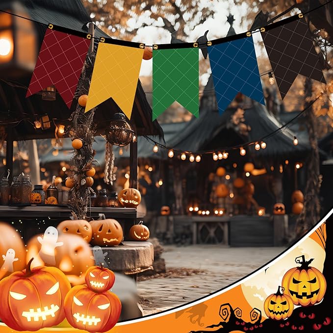 Newwiee Wizarding House Banner Flag Set, Magic Theme 12 x 20'' Polyester Flags Sign, Diamond Checkered Banners for Wall Decor, Bday Garland, Party Decoration, Photoshoot Backdrop