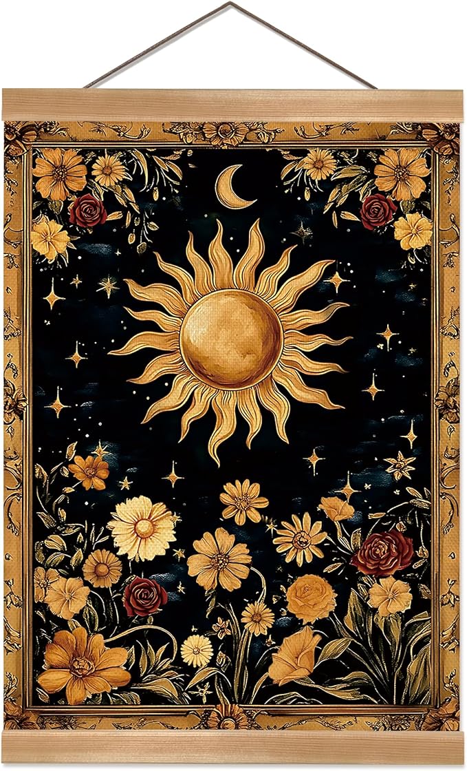 ZTGDA Sun and Moon Wall Art Decor– Vintage Hanging Wall Painting Abstract Poster with Solid Wood Frame, Boho Wall Decor,Mystical Celestial Floral Poster for Bedroom, Office(Sun)