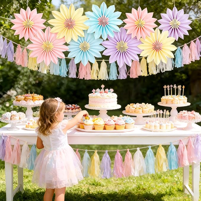 PAPER JAZZ Sunflower Party Decorations Pastel Paper Fans Party Decor Summer Beige Spring Decoration, Blue Pink Hanging Purple Flower Garland Sunflower Wall Decorations for Tea,Garden,Fairy Party.