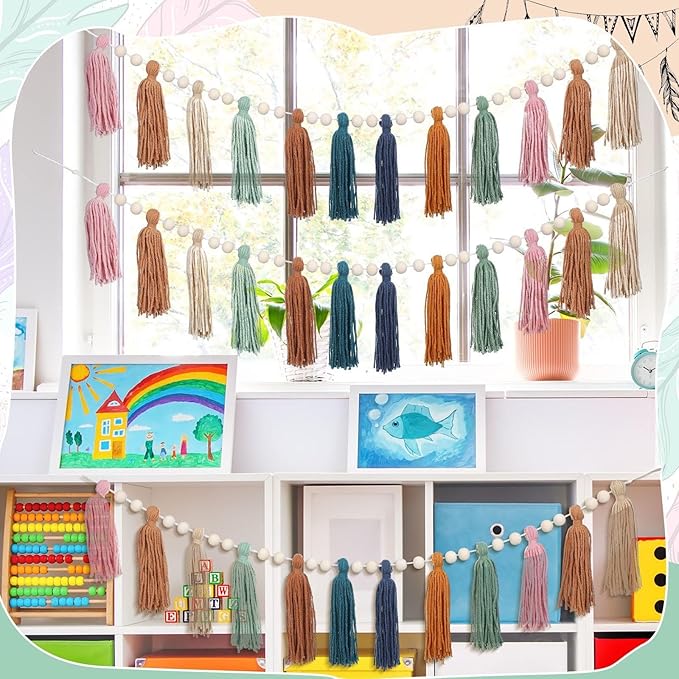 Zeyune 3 Pcs Boho Tassel Garland Boho Rainbow Wall Decor Colorful Pastel Tassel Wall Hanging with Wood Beads for Classroom Kids Bedroom Baby Shower Back to School Birthday Party Supplies