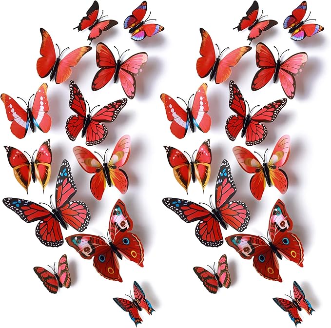 24pcs 3D Vivid Special Man-Made Lively Butterfly Wall Stickers Removable Butterflies Wall Decals 3D Nursery Art Decor for Kids Girls Bedroom Living Room Classroom Party Decoration Red
