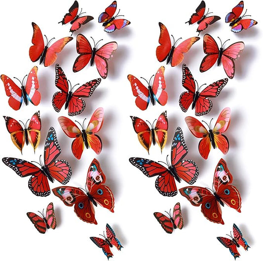24pcs 3D Vivid Special Man-Made Lively Butterfly Wall Stickers Removable Butterflies Wall Decals 3D Nursery Art Decor for Kids Girls Bedroom Living Room Classroom Party Decoration Red