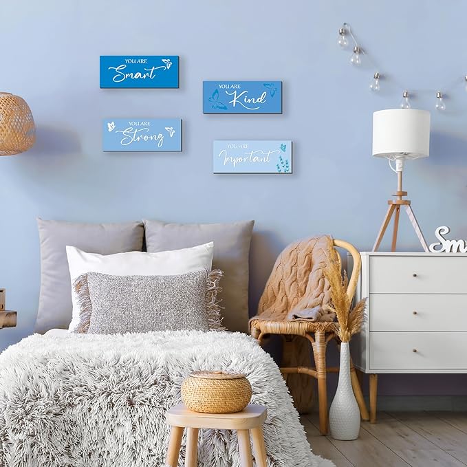 FENCORDAR 4 Pcs Butterfly Wall Decor Girls Room Decor Wooden Blue Wall Decor Positive Butterfly Wall Art Prints Inspirational Gift for Teen Girls Women Room Nursery Bedroom Bathroom(Blue, 10x4)