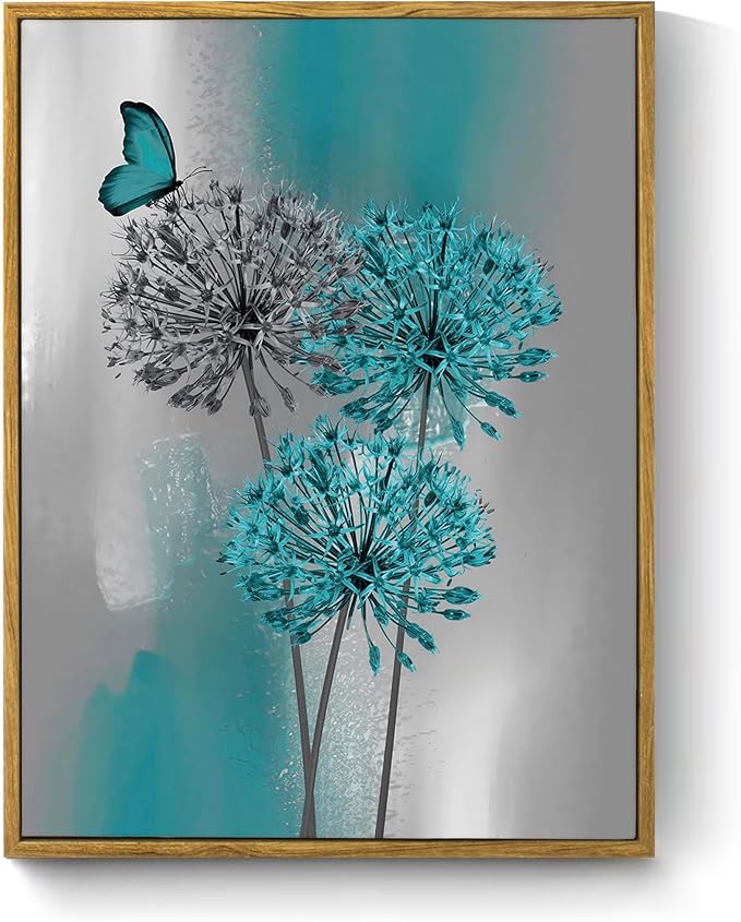 LB Teal Dandelion Framed Wall Art with Butterfly - Modern Teal Grey Canvas Wall Art for Home Contemporary Aesthetic Wall Decor for Home, Ready to Hang 17x12 Inch, Living Room Bedroom Bathroom Decor