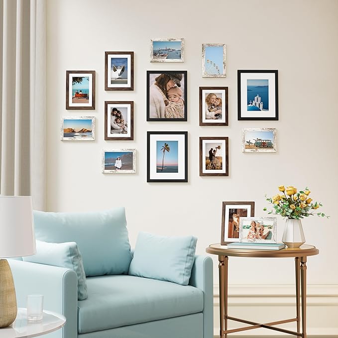 Vittanly 15 Pack Picture Frames Collage Wall Decor for Mounting or Tabletop, Gallery Frame Set for Family, Multi Sizes Including 3pcs 8x10, 6pcs 5x7, 6pcs 4x6, Black, Brown and Distressed White