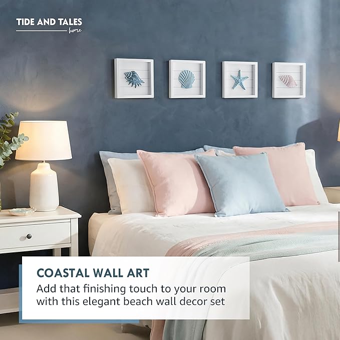 Tide and Tales 3D Seashells & Starfish Coastal Wall Art Decor (Framed Set of 4) Beach Wall Decor for Bathroom or Coastal Bedroom - Ocean Inspired Seaside Decorations for Home or Beach House (7"x7")