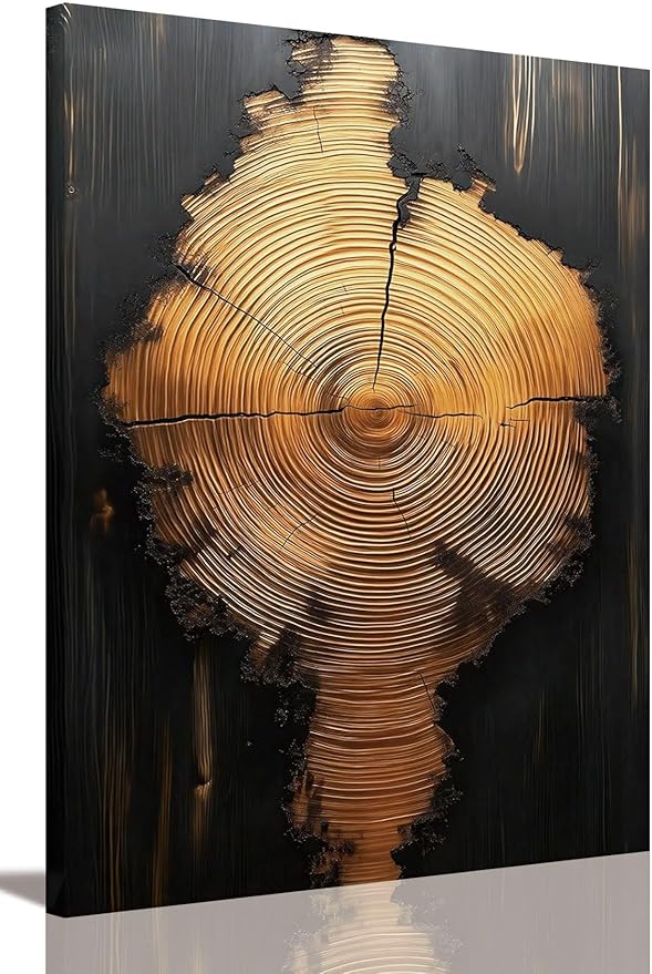 IBHJSART Framed Tree Ring Canvas Wall Art Black And Gold Wall Art Prints Modern Minimalist Pictures Neutral Nature Rustic Farmhouse Decor Living Room Bedroom Bathroom Office.