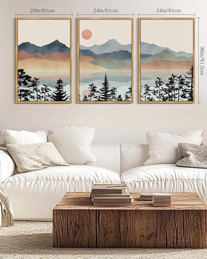 Drsoum Mountain Range Landscape Wall Art Framed Ink Wash Watercolor Nature Wall Decor Laker Sun Rises Prints Bedroom Living Room Ready to Hang 24x36in Natural Framed
