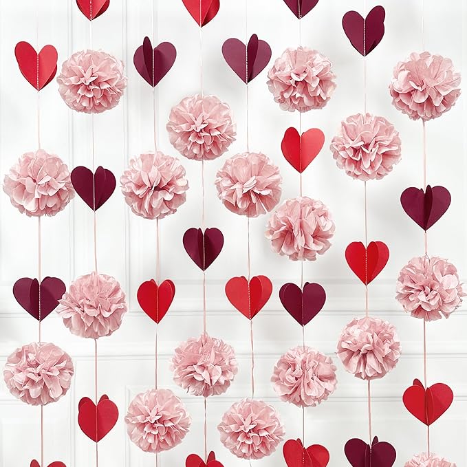 Dusty Rose Pink Party Decoration Tissue Flowers Pom Pom with Burgundy Red 3D Heart Hanging Paper Garland Banner Streamer for Valentines Day Birthday Baby Shower Wedding Bridal Shower Party Supplies