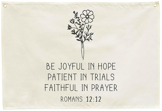 Rectangular Christian Bible Verse Scripture Canvas Banner Wall Decor-Flag Wall Sign for Baby Boy Girl Kid,Nursery Bedroom Nursery Decor,Baby Shower Baptism Christmas Gift-Be Joyful in Hope Patient