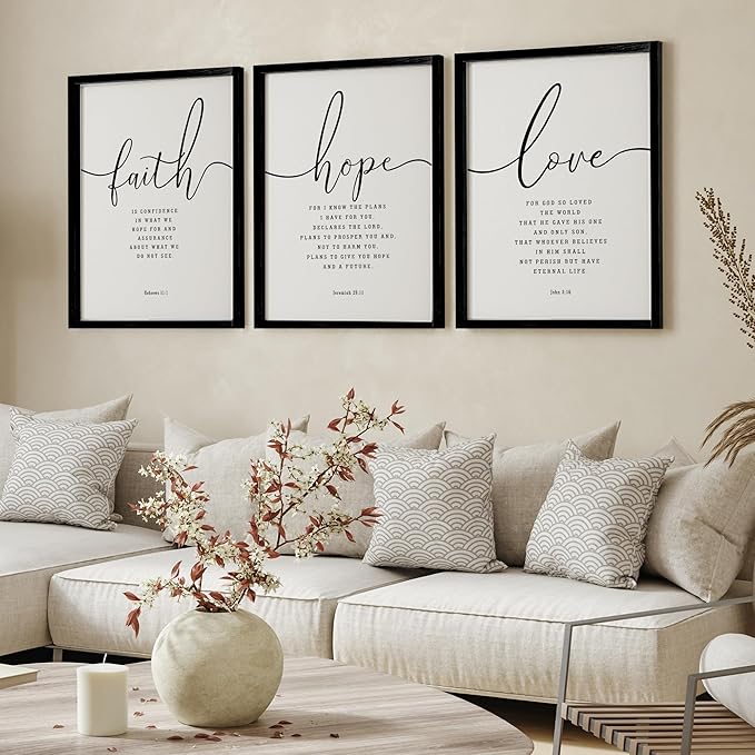 Houmury Set of 3 Framed Farmhouse Bible Verses Wall Decor Sign 11”x14” Christian Faith Scripture Wall Art for Home Living Room Bedroom Wall Decor (11"x14" Black)