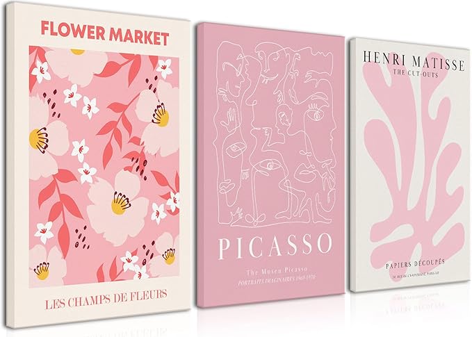 Djmwtb Matisse Picasso Pink Canvas Wall Art Framed Set of 3 Abstract Flower Market Prints Cute Posters Aesthetic Pictures Paintings Wall Decor for Girls Bedroom Dorm Apartment Living Room 12x16in