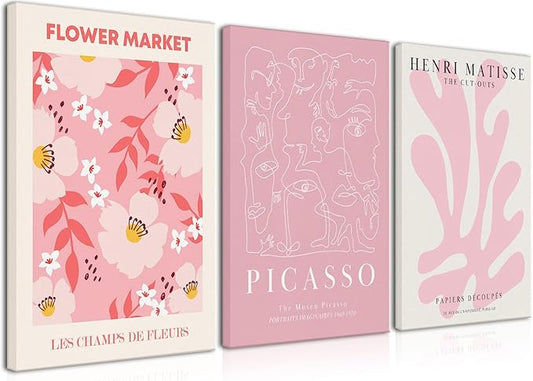 Djmwtb Matisse Picasso Pink Canvas Wall Art Framed Set of 3 Abstract Flower Market Prints Cute Posters Aesthetic Pictures Paintings Wall Decor for Girls Bedroom Dorm Apartment Living Room 12x16in