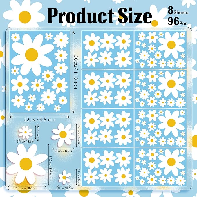 Daisy Wall Decal, 8 Sheets 96Pcs Daisy Flower Wall Stickers Peel and Stick White Flower Decals for Nursery Bedroom Home Wall Art Decorations