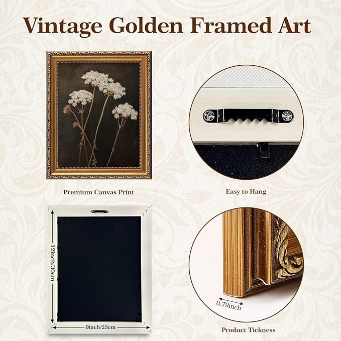 ASTRDECOR Gold Framed Vintage Wall Art, Dark Flowers Painting Canvas Prints for Living Room & Kitchen Shelf Decor, Antique White Queen Anne's Lace Artwork, 9"x12"
