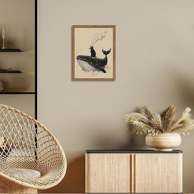 Framed Cat Wall Art, Funny Black Cat Riding a Whale Canvas, Vintage Abstract Oil Painting, Country Home Room Wall Decor, Humorous Pictures Artwork Prints for Living Room Bedroom – 12x16 inch