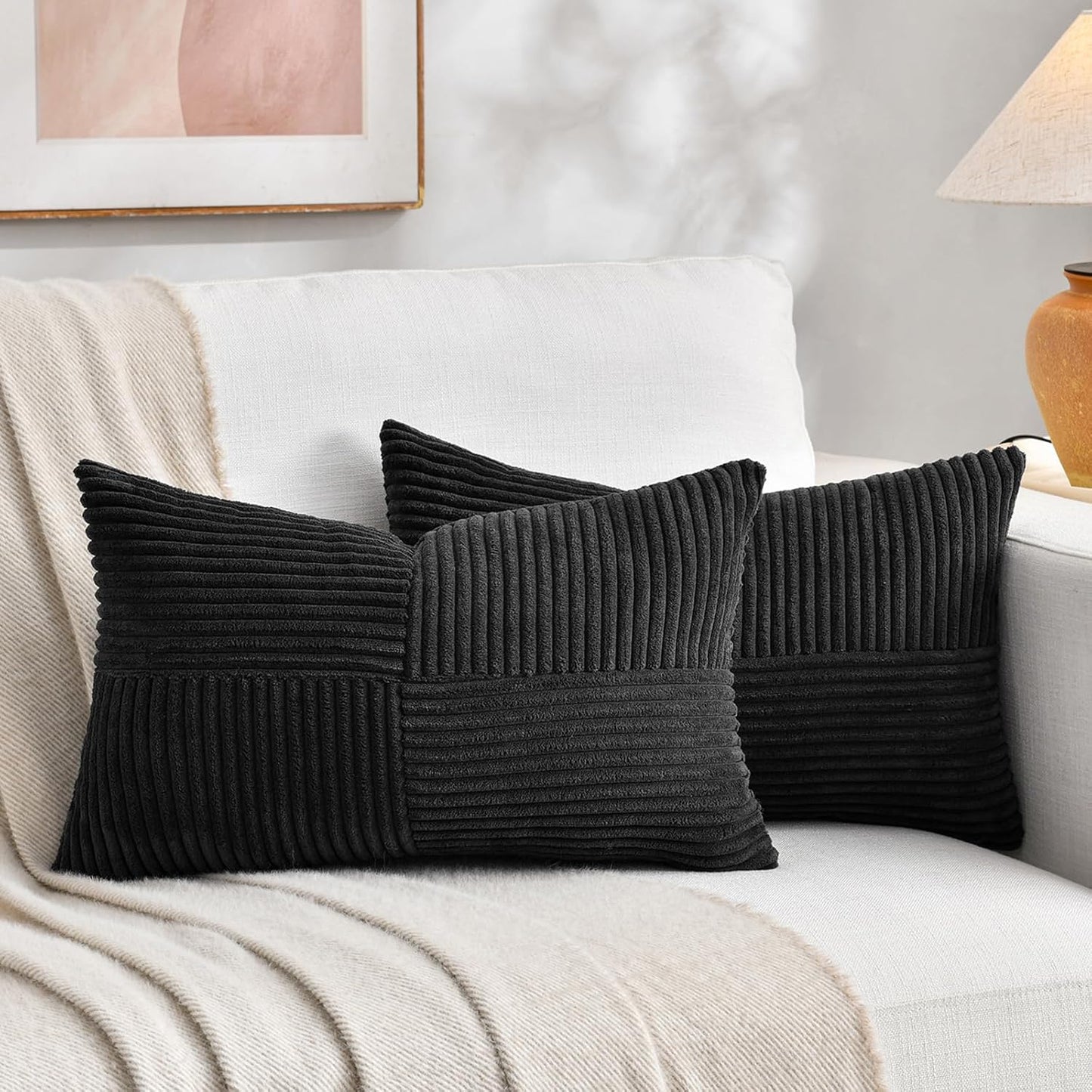 Fancy Homi 2 Packs Black Lumbar Decorative Throw Pillow Covers 14x24 Inch for Couch Bed Sofa, Rustic Farmhouse Boho Home Decor, Soft Striped Corduroy Rectangle Accent Cushion Case 35x60 cm