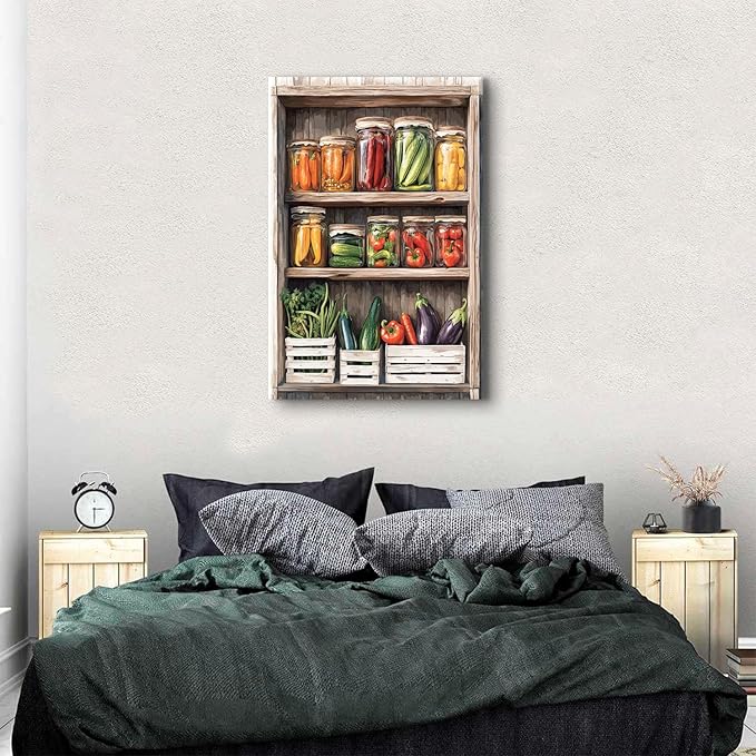 Large Colorful Spices Canvas Wall Art Kitchen Wall Decor Farmhouse Mason Jar Canvas Pictures Rustic Still Life Vegetables Fruits Painting Artwork Restaurant Dining Room Home Bar Decorations 32x48"