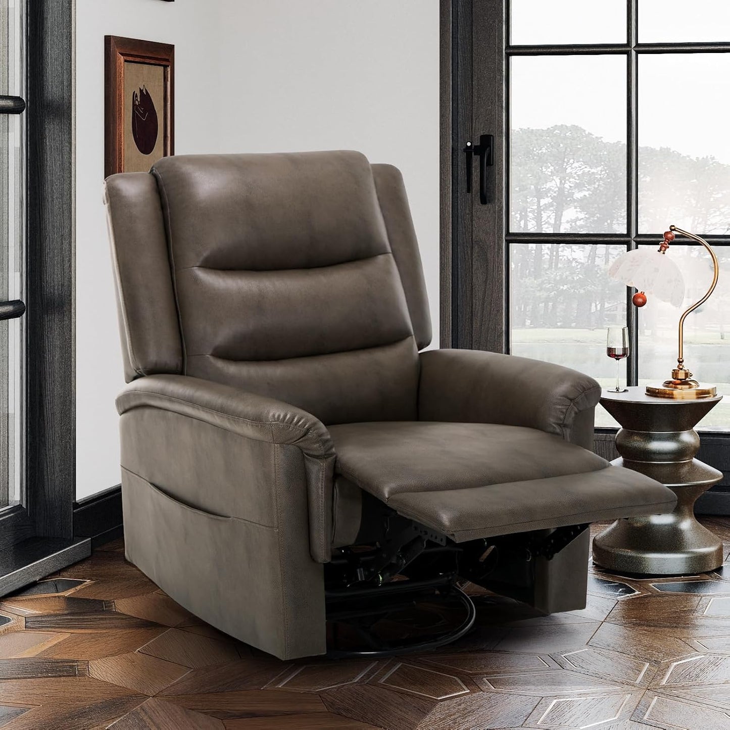 COLAMY Oversized Leather Recliner Chair, 360°Swivel Rocking Manual Recliner with Thick Cushioned Padding Backrest and Wide Seat - Lightbrown