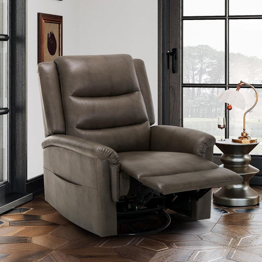 COLAMY Oversized Leather Recliner Chair, 360°Swivel Rocking Manual Recliner with Thick Cushioned Padding Backrest and Wide Seat - Lightbrown