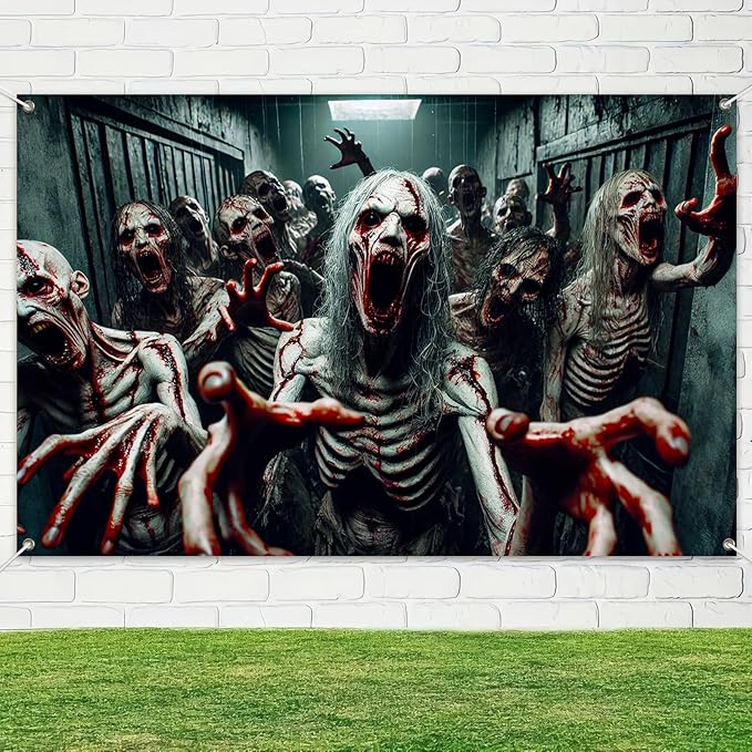 Halloween Banner 71x43 Inch Zombie Backdrop Scary Haunted House Wall Decor for Spooky Halloween Decorations Indoor Outdoor Party Supplies