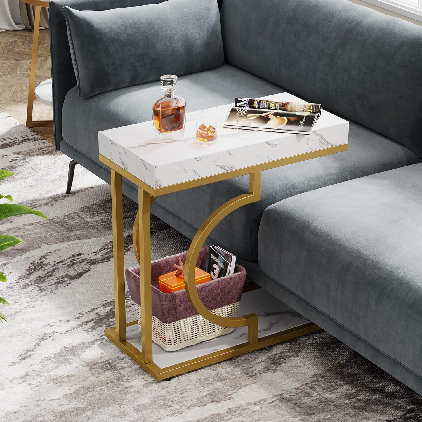 Tribesigns Narrow Side Table White Gold C Shaped End Table Modern Small Bedside Tables for Couch, Sofa Chairside Tables with Metal Frame for Living Room (2, White+Gold)