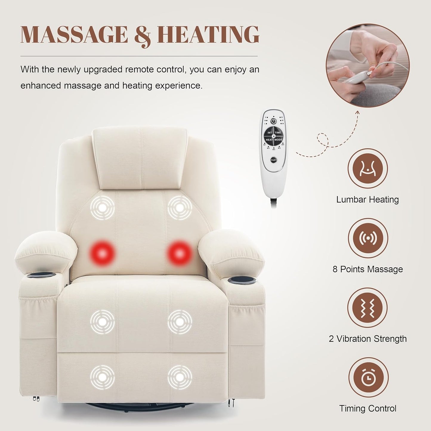 Oversized Swivel Rocker Recliner Chair with Heat and Massage, 360 Degree Swivel Rocking Single Sofa with Cup Holders and USB Port, Big Large Recliner Chair for Living Room (Fabric, Beige)