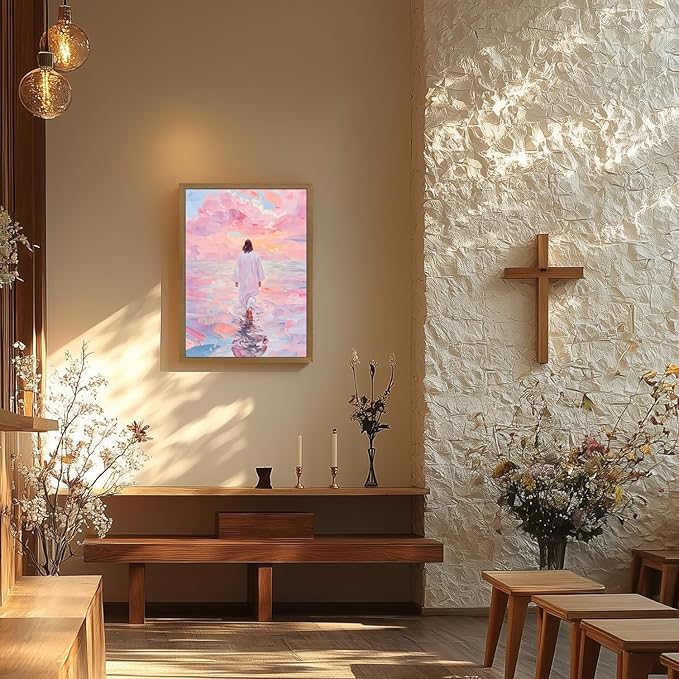 Clicyre Jesus Walking on Water Christian Wall Art, Pink Sunset Faith Canvas Print, Inspirational Religious Wall Decor for Bedroom Living Room Prayer Room Hallway Wood Framed 16x24 Inch