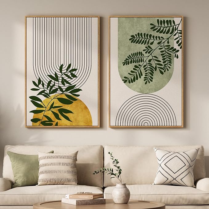 Large Framed Green Boho Wall Art for Living Room, Set of 2 Botanical Geometric Artwork for Walls, Bohemian Modern Neutral Canvas Painting Prints for Bedroom Office Kitchen Hallway Wall Decor, 24x36 In