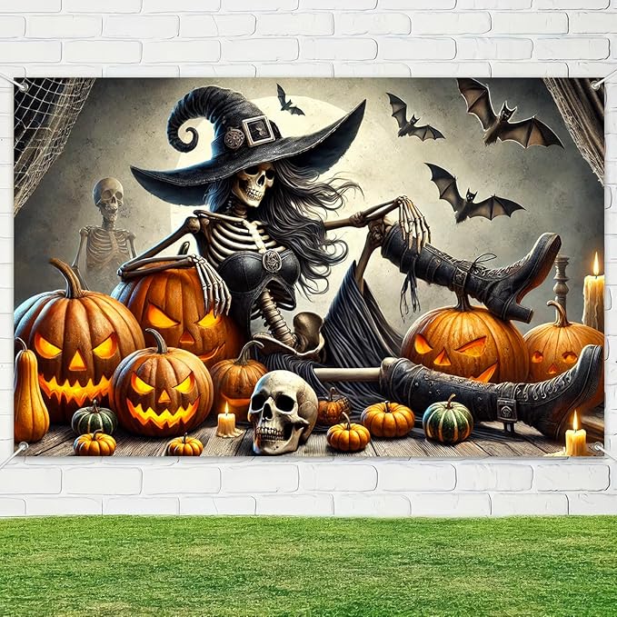 Halloween Banner 71x43 Inch Scary Witch Skeleton Backdrop Trick or Treat Yard Sign Spooky Halloween Decorations for Outdoor Haunted House Wall Party