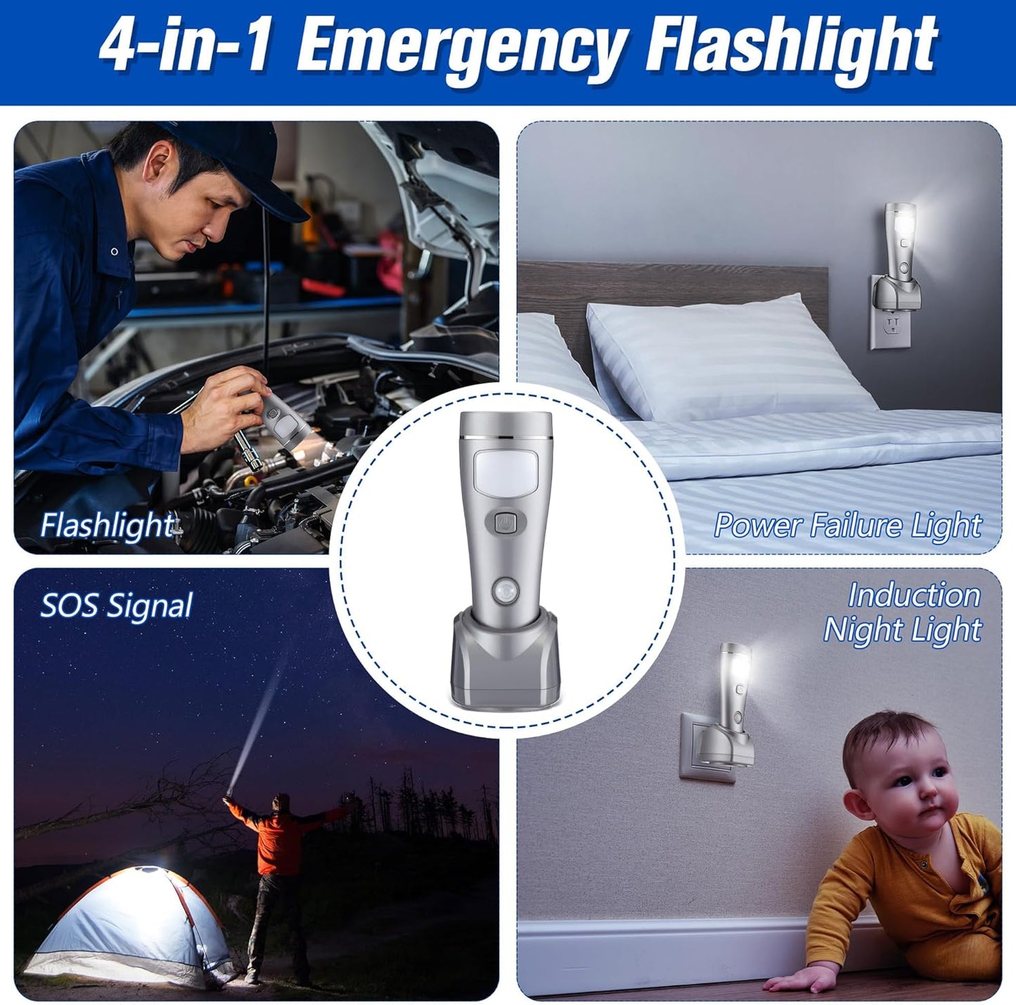 Enhon 9 Pack 4 in 1 LED Emergency Lights for Home Power Failure, Rechargeable Plug in Flashlight Motion Sensor Night Light, Automatic Turn On Power Outage Light for Home Hurricane Supplies