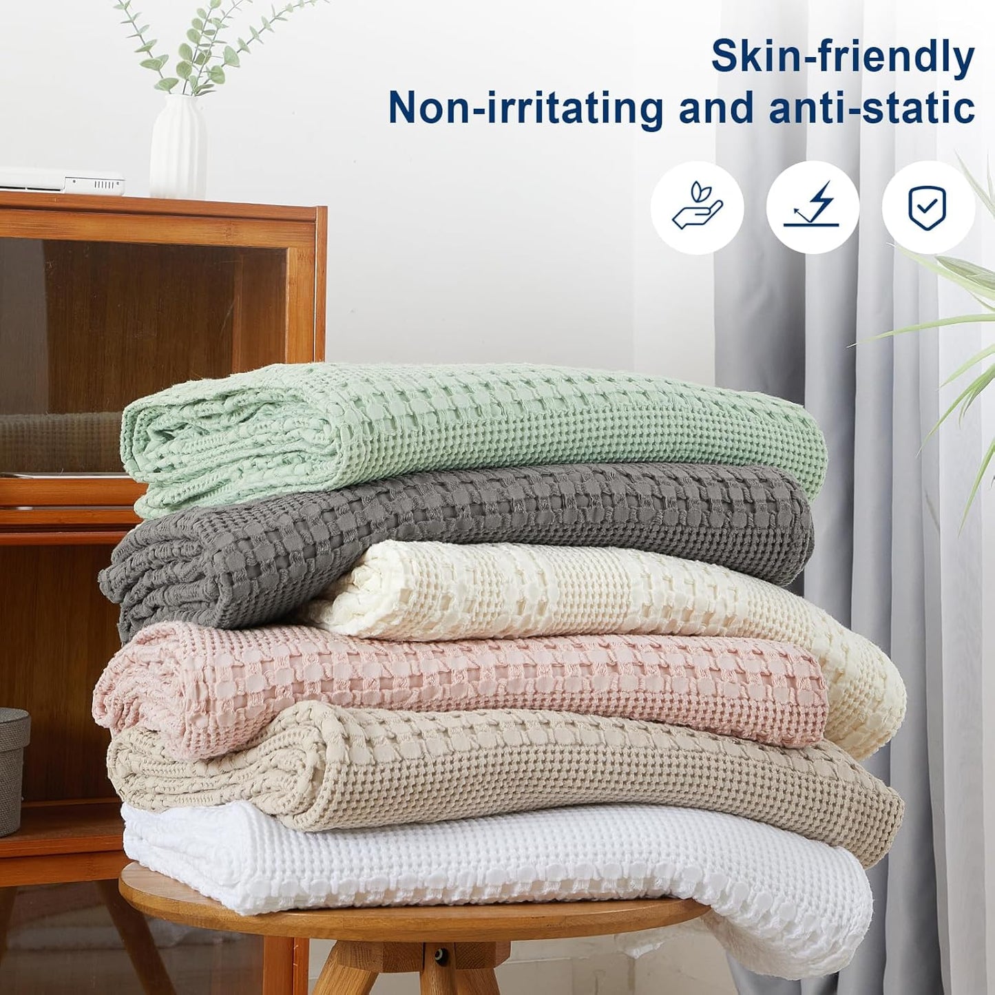 PHF 100% Cotton Waffle Weave Blanket Queen Size, Soft Lightweight Breathable Cozy Summer Blankets for Bed, Luxury Aesthetic Woven Bedding for Home Decor, 90"x90", Cannoli Cream