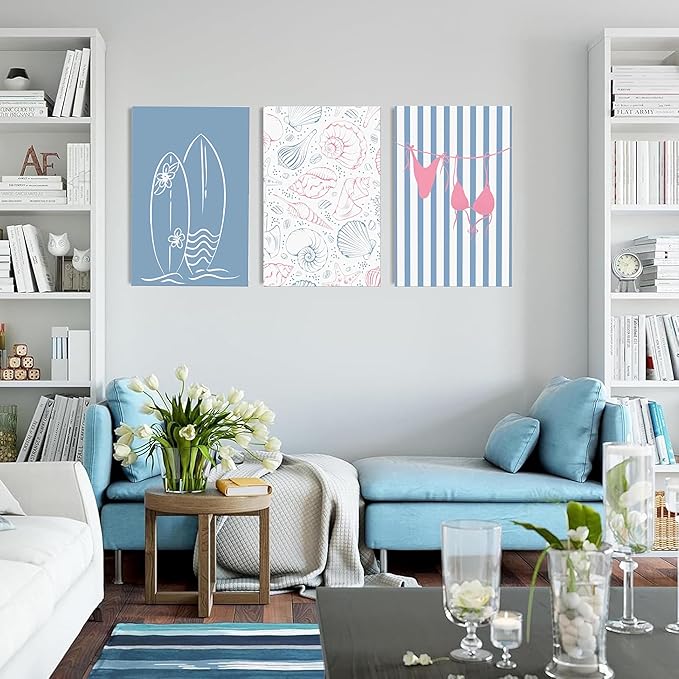Beach Themed Wall Art Set of 3, Trendy Preppy Blue Surfboard Bikini Seashell Canvas Prints, Coastal Ocean Nautical Wall Decor Artwork for Bathroom Bedroom Living Room Home Decor 12x16 In Framed